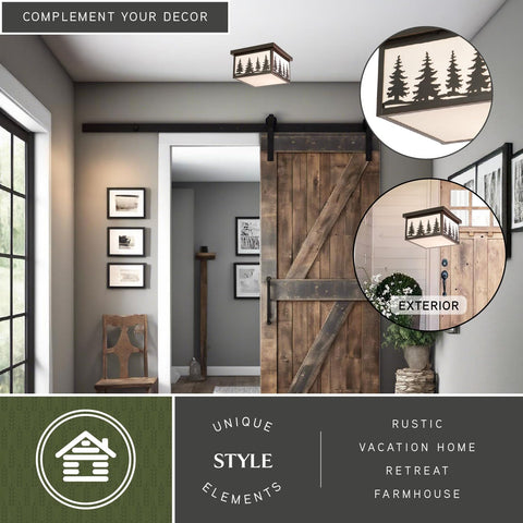Rustic Burnished Bronze Flush Mount Ceiling Light With White Tiffany Glass in hallway with barn door and rustic decor