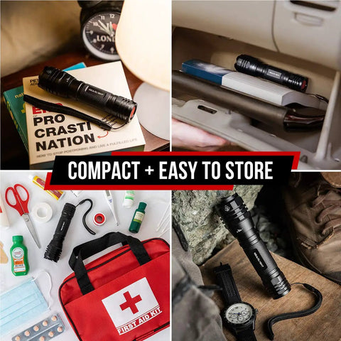 Ultra Bright LED Flashlight Kit S1050 two pack in various storage scenarios showing compact size and durability.