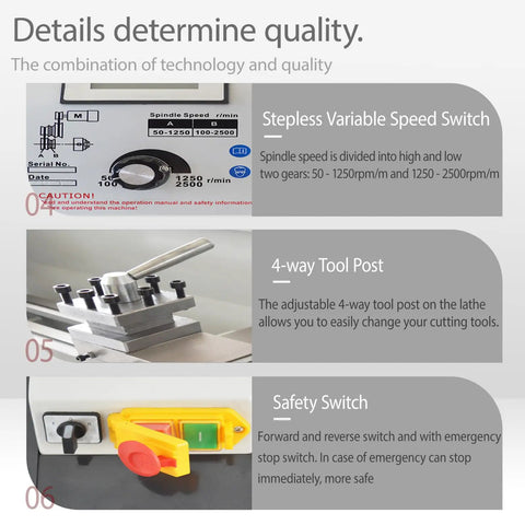 1100W Benchtop Mini Metal Lathe 8X24 Inch Electronic Variable Speed Digital Display with variable speed and safety features.