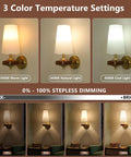 Stepeak Vintage Gold Wireless Wall Sconces Battery Operated demonstrating 3 color temperature settings in 3000K, 4000K, 6000K.