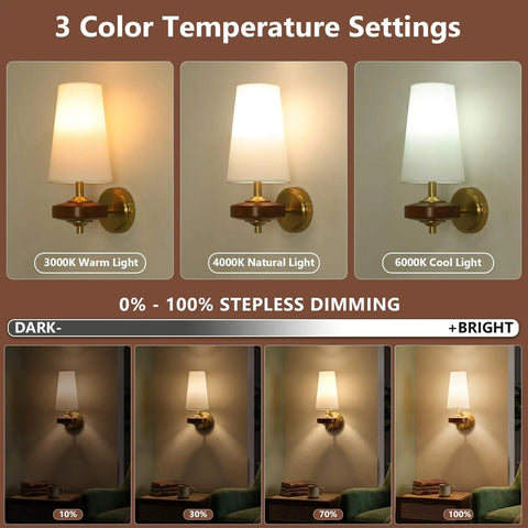 Stepeak Vintage Gold Wireless Wall Sconces Battery Operated demonstrating 3 color temperature settings in 3000K, 4000K, 6000K.