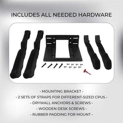Adjustable Under Desk PC Mount And Wall Mount Bracket For Small Form Factor Computers includes mounting bracket and hardware.