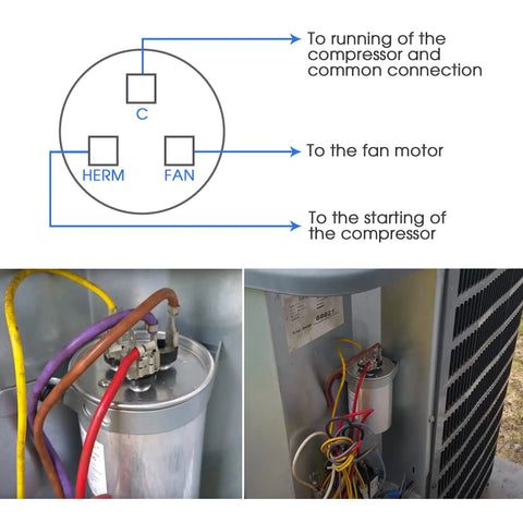 Diagram and installation of 60/5 MFD Run Capacitor For AC Motors And HVAC Systems 370 To 440V CBB65 Direct Replacement