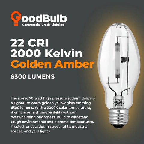 70-Watt High-Pressure Sodium HID Light Bulb With E26 Base, ANSI Code S62, 2000K Warm White, bulb next to descriptive text