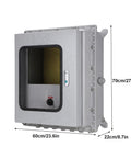 Front view of explosion-proof waterproof outdoor electrical box with hinged cover and internal mounting panel, 60x70x22 cm, gray metal enclosure.