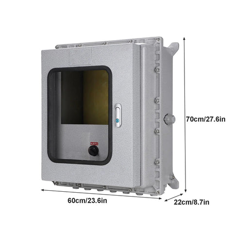 Front view of explosion-proof waterproof outdoor electrical box with hinged cover and internal mounting panel, 60x70x22 cm, gray metal enclosure.