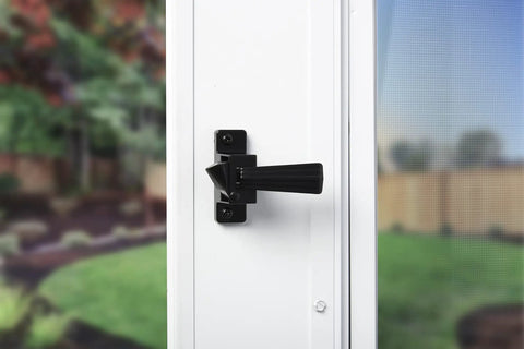 Push Button Door Latch For Screen And Storm Doors, Colonial Style, No Lockout Tech, Black Finish, Out Swing Ready For Three Quarters To One And A Quarter Inch Thick Metal Or Wood Doors, Built Tough And Easy To Install