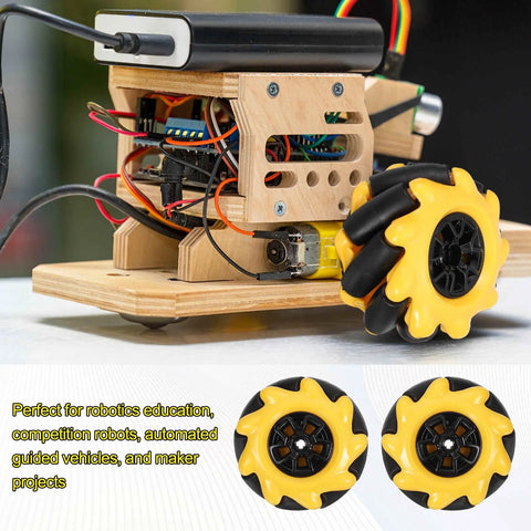MECCANIXITY 2-pack 48mm yellow mecanum wheels installed on wooden robot chassis with visible wiring