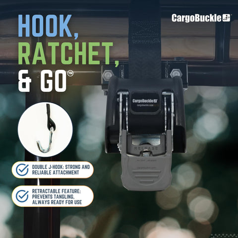 Self Retracting Ratchet Straps For Trucks With Square Ladder Racks 2 Inch By 7 Feet showing hook and ratchet mechanism