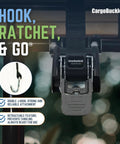 Ladder Rack Tie-Down System With Self Retracting Ratchet Straps, Square Mount, close-up showcasing hook and release mechanism