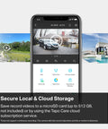 MagCam 2K Plus Outdoor Security Camera app interface with live feed options for local and cloud storage, showing outdoor views.