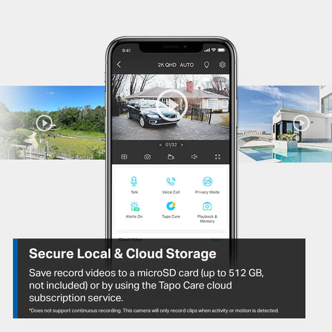 MagCam 2K Plus Outdoor Security Camera app interface with live feed options for local and cloud storage, showing outdoor views.