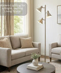 Brushed Nickel Floor Lamp With Three Adjustable Reading Heads in cozy living room, modern 64-inch pole light for comfortable ambiance.