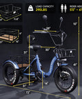 Beast Fat Tire Electric Trike For Adults With 750W Motor Peak 1350W, 52V 25Ah Removable Battery, 50 Mile Range, 7 Speed, 4 Piston Hydraulic Brakes, Cargo Rack, Blue - blue electric trike dimensions