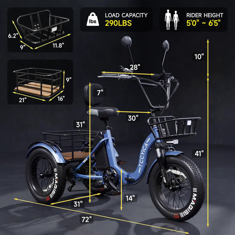 Beast Fat Tire Electric Trike For Adults With 750W Motor Peak 1350W, 52V 25Ah Removable Battery, 50 Mile Range, 7 Speed, 4 Piston Hydraulic Brakes, Cargo Rack, Blue - blue electric trike dimensions