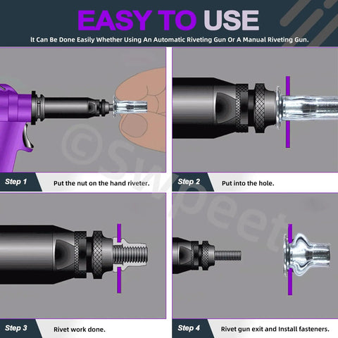 Illustration showing the usage steps of Twenty Piece M4 Metric Carbon Steel Rivet Nuts Kit With White Zinc Plating.