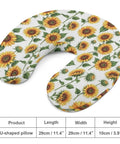 Sunflower Floral White Women's Neck Pillow With Memory Foam For Travel, U-shaped design shown with sunflower pattern and dimensions