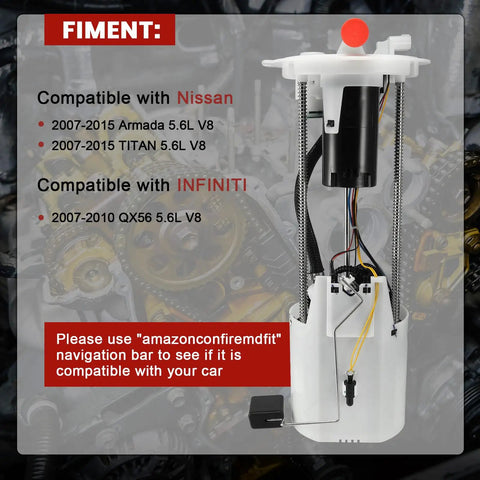E8788M Heavy Duty Electric Fuel Pump Module Assembly Straight Drop In Swap For Nissan Armada Titan 2007 Through 2015 And Infiniti QX56 5.6L V8 Engine Fitment, showing compatibility details and internal components.