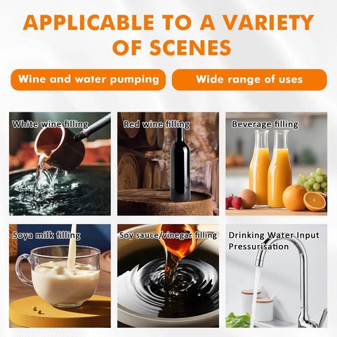 Heavy Duty 110V Electric Wine Transfer Pump With Smart Auto Start Stop Flow Control And Food Grade Filler Gun Plus Rugged PVC Hose for filling white and red wine, beverages, and more.