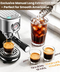 Straight Shooter Semi Automatic Espresso Machine With Reliable Milk Frother For Creamy Lattes And Bold Cappuccinos 20 Bar Pressure No Mess Home Coffee Brewing Kit brewing espresso shots with manual frother and iced Americano