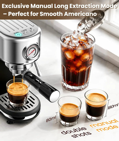 Straight Shooter Semi Automatic Espresso Machine With Reliable Milk Frother For Creamy Lattes And Bold Cappuccinos 20 Bar Pressure No Mess Home Coffee Brewing Kit brewing espresso shots with manual frother and iced Americano