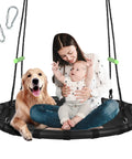Black Outdoor Saucer Swing With PP Mat For Yard Garden And Park Easy To Install Sturdy Steel Frame with baby and dog