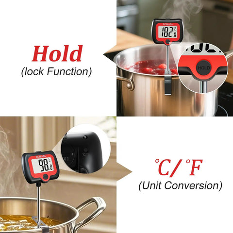 Digital Candy Thermometer With Pot Clip And Rotatable Display Long Probe For Candy Making And Deep Frying Cooking And Liquids Like Sugar Water Oils Candies And More Black, shown attached to a pot with temperature readings.