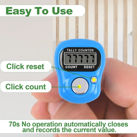 Super Comfy Electronic Finger Tally Counter With Quick Digital Clicker Ring Designed For Hassle Free Fit And Big Time Precision Tracking Making Tally Work Totally A Breeze To Handle Pack Of Ten Pieces showing blue handheld device with digital display.