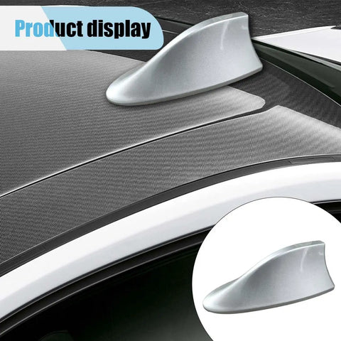 Shark Fin Antenna Cover Universal Roof Aerial With Adhesive Tape For Cars Trucks SUVs Silver Plastic Exterior Decor Easy Install displayed on car roof