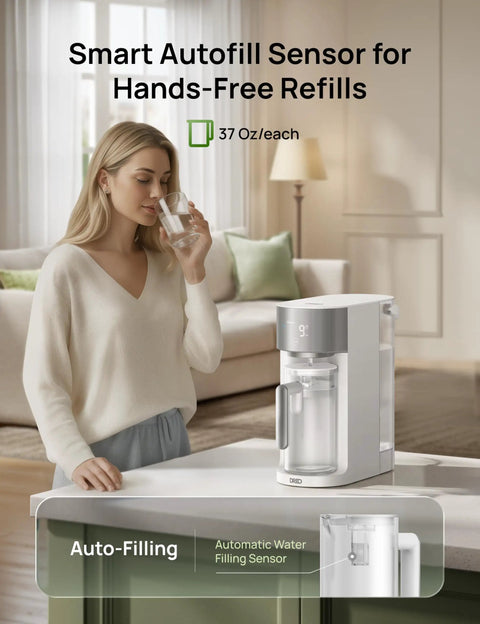 Woman drinking near AutoFill Reverse Osmosis Water Pitcher Replacement for WF112 113 114 115 One Point One Liter Portable On The Go