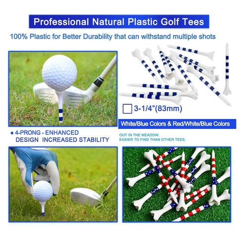 3 1/4 Inch Golf Tees 100 Pack, 4 Prong Plastic Tees on grass, featuring durable ABS construction, high visibility color mix.
