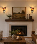 Vintage Glass Wall Sconces Set of 2,Aged Brass Bathroom Vanity Lighting mounted beside a fireplace in a cozy living room.