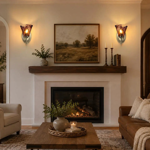 Vintage Glass Wall Sconces Set of 2,Aged Brass Bathroom Vanity Lighting mounted beside a fireplace in a cozy living room.
