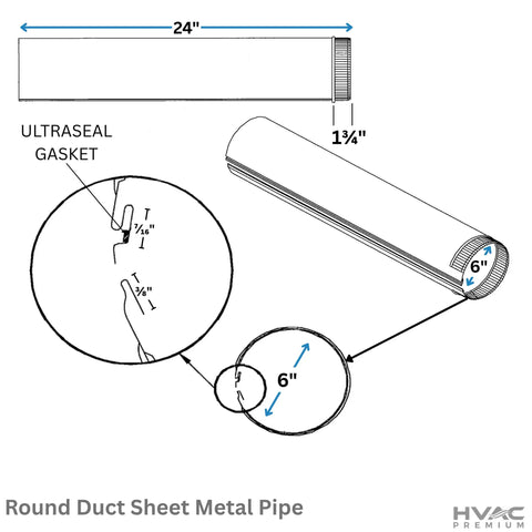 Hella Tough 10 Pack Of 6 Inch Round Hvac Duct Pipe With Snap Lock Crimp Ends 30 Gauge Galvanized Sheet Metal Dryer Vent Section No Sweat Tubes Designed Smooth For Quick Hookup showing 24 inch length with gasket detail.