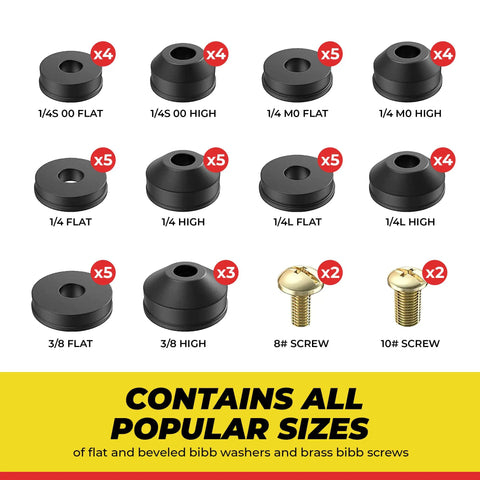 Assorted Faucet Washers Kit For Indoor And Outdoor Repair with various sizes and types of washers and screws displayed on a grid.