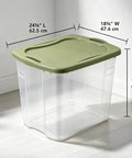 Hella Huge 95 Quart Clear Plastic Storage Bin With Super Grippy Handles For Organizing Bulky Seasonal Gear And Household Essentials, shown with dimensions.