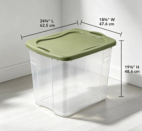 Hella Huge 95 Quart Clear Plastic Storage Bin With Super Grippy Handles For Organizing Bulky Seasonal Gear And Household Essentials, shown with dimensions.