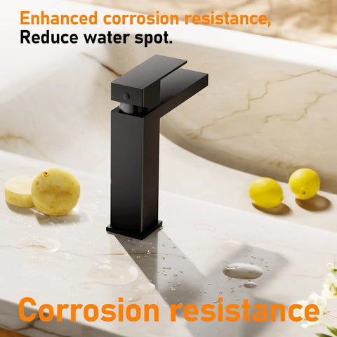 Black Single Hole Bathroom Faucet With One Handle Vanity Faucet Matte Finish For Sink 1 Hole Kit Includes Metal Drain Deck Plate Overflow And Water Supply Line No Hassle Install on marble sink