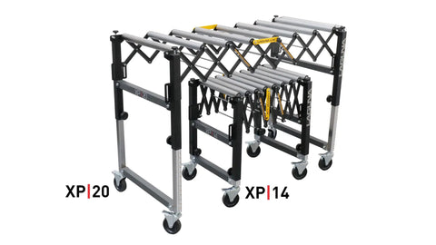 Laguna Xp 20 Inch Heavy Duty Flexible Roller Conveyor Table With Four Inch Locking Casters For Superior Stability And Easier Material Handling To Fit Most Bandsaws Smoothly, showing two conveyor models.