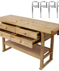 Rock Solid 60 Inch Wooden Workbench With Four Spacious Drawers And Heavy Duty Welding Table Top Loads Up With Four Drop Forged F Clamps shown from the front angle.