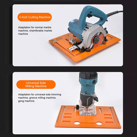 Pro Grade Aluminum Circular Saw Base Plate And Router Table Insert with cutting machine and milling machine on orange base.