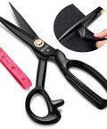 Heavy Duty 8 Inch Fabric Scissors For Thick Materials And Leather, Pro Grade Sewing Shears next to pink measuring tape