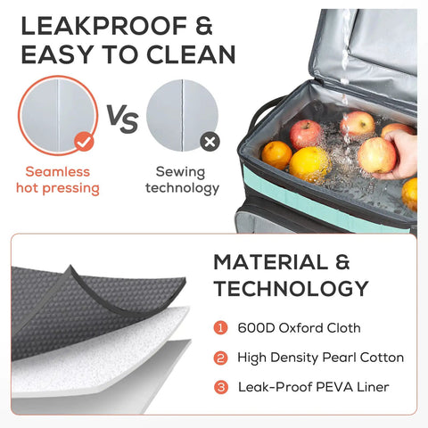 50 Can Collapsible Rolling Cooler With Wheels And All Terrain Cart, Leakproof Insulated Soft Bag interior with fruits