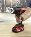 Tough As Nails Brushless Impact Wrench Delivering Eight Hundred Foot Pounds Of Mid Torque With Three Speed Settings Plug And Play Cordless Kit with USB-C battery, held by hand.