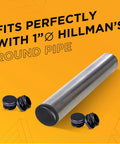 1 Inch Outer Diameter Ribbed Plastic Hole Plugs for Round Tubing Black End Caps, shown with Hillman’s round pipe, 10 Pack.
