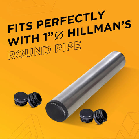 1 Inch Outer Diameter Ribbed Plastic Hole Plugs for Round Tubing Black End Caps, shown with Hillman’s round pipe, 10 Pack.