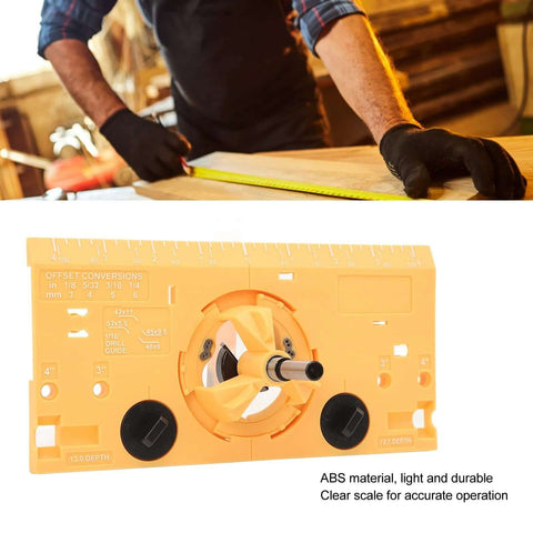 Yellow ABS hinge-boring jig for 35mm holes; woodworking drilling guide with scale