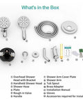 Brushed Gold 3 Way Shower Faucet Set with Handheld & Fixed heads, hose, valve, and installation accessories displayed