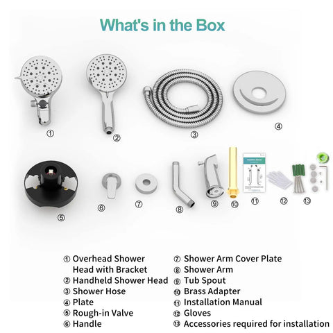 Brushed Gold 3 Way Shower Faucet Set with Handheld & Fixed heads, hose, valve, and installation accessories displayed