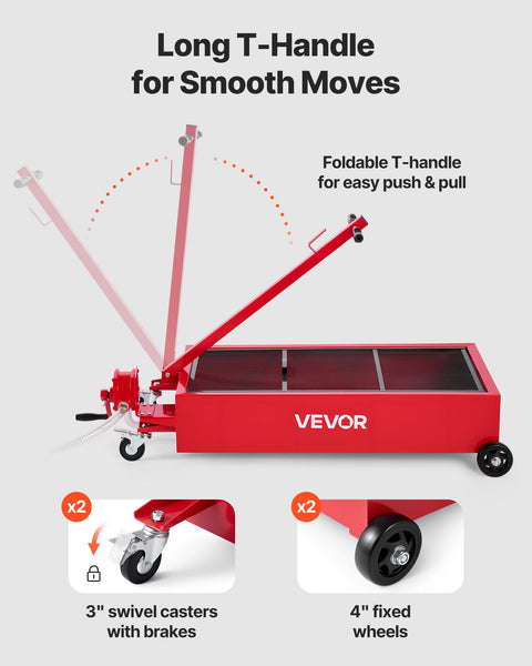 Low Profile 20 Gallon Rolling Oil Drain Pan With Manual Pump And 7.2 Foot Hose featuring foldable T folding handle, red